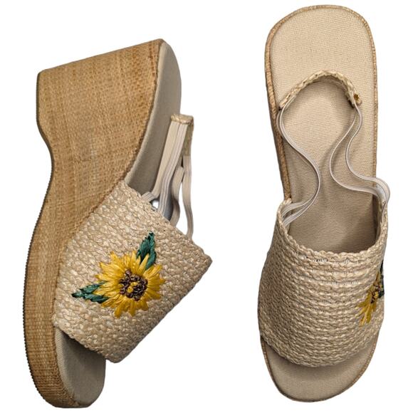 Vtg Y2K Ivory Woven Raffia Sunflower Chunky Wedge Heel Slingback Sandals 10 - Picture 1 of 7
